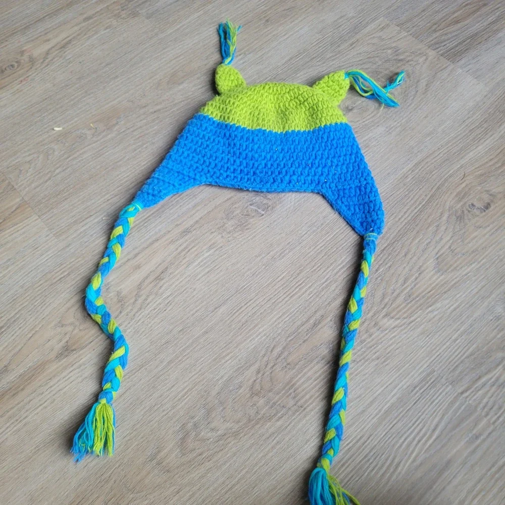 Kids Owl Trapper Hat One Size Blue Green Crochet Knit‎ Animal Winter Beanie